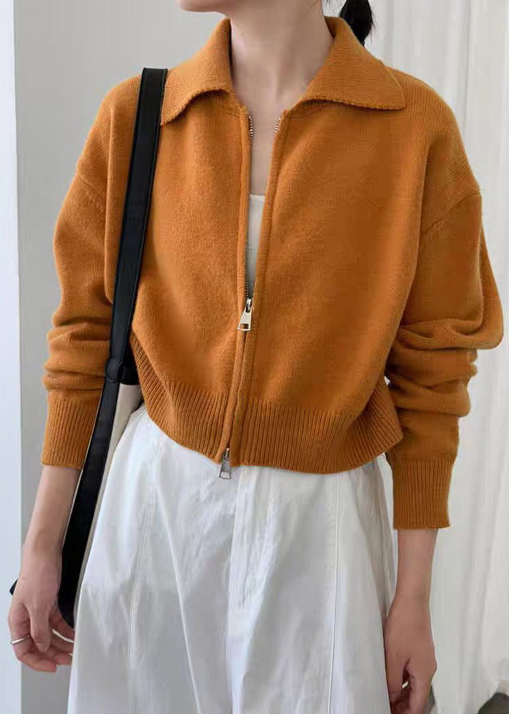 Natural Yellow Zippered Patchwork Cotton Knit Coats Spring