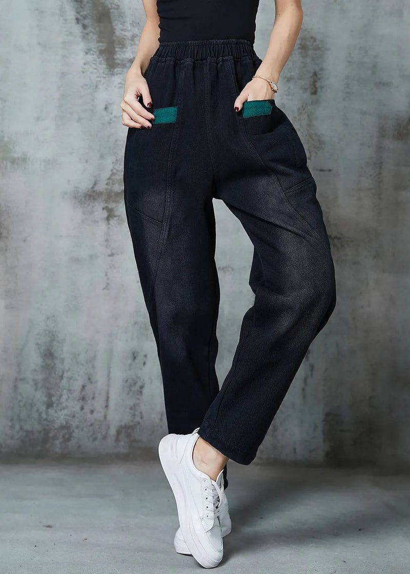 Black Pockets Warm Fleece Denim Pants Spring
