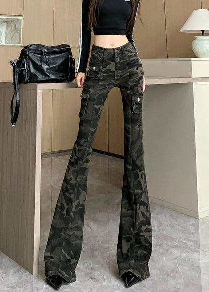 Camouflage Green Silm Fit Denim Flared Trousers Fall