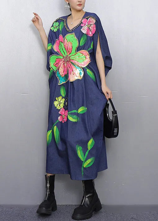 Style Blue Nail Bead Denim Holiday Dress Summer