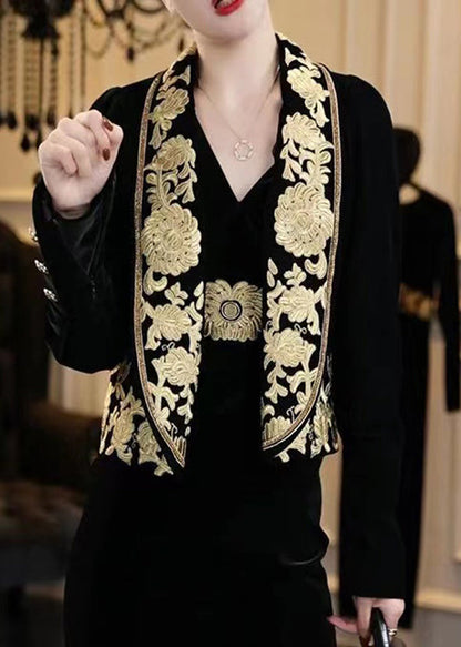 Black Handmade Embroideried Velour Coats Spring