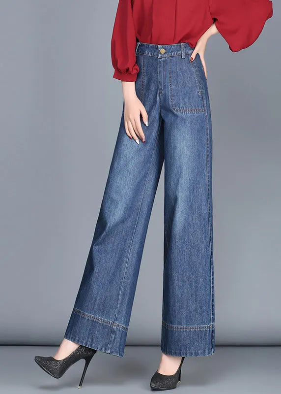 Fitted Navy High Waist Draping Pockets Cotton Denim Wide Leg Pants Summer