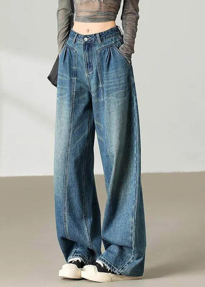 Blue Pockets Patchwork Wide Leg Jeans Spring