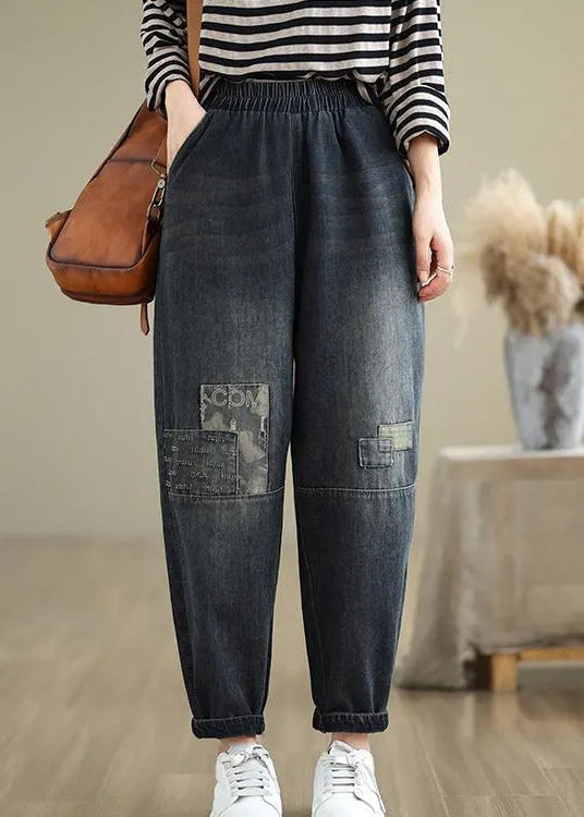 Navy Pockets Applique Elastic Waist Denim Pants Fall