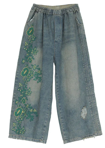 Blue Embroideried Cotton Ripped Jeans Pants Fall