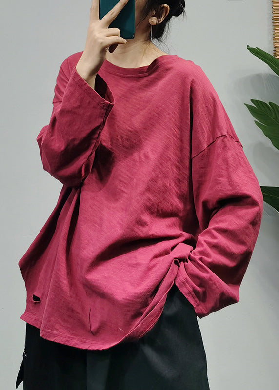 Modern White O-neck Hole Patchwork Cotton Top Long Sleeve