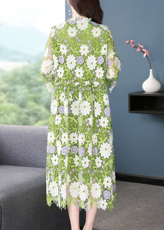 Art Green V Neck Embroideried Lace Dress Half Sleeve