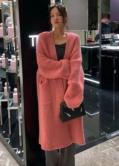Pink Pockets Hollow Out Knit Cardigans Long Sleeve