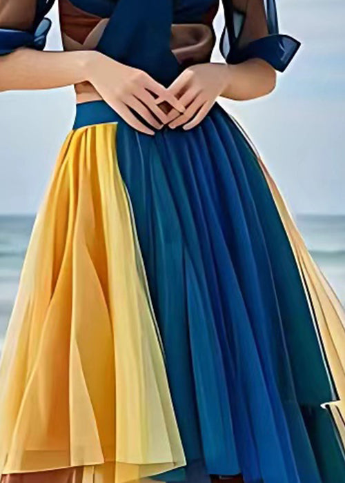 Yellow Wrinkled Elastic Waist Tulle Skirts Summer