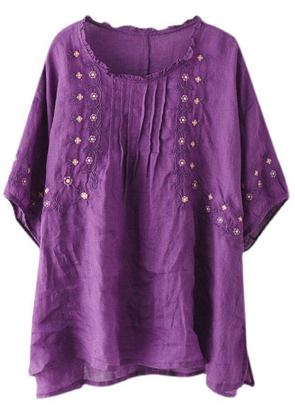 Black O-neck Embroideried Summer Ramie Half Sleeve