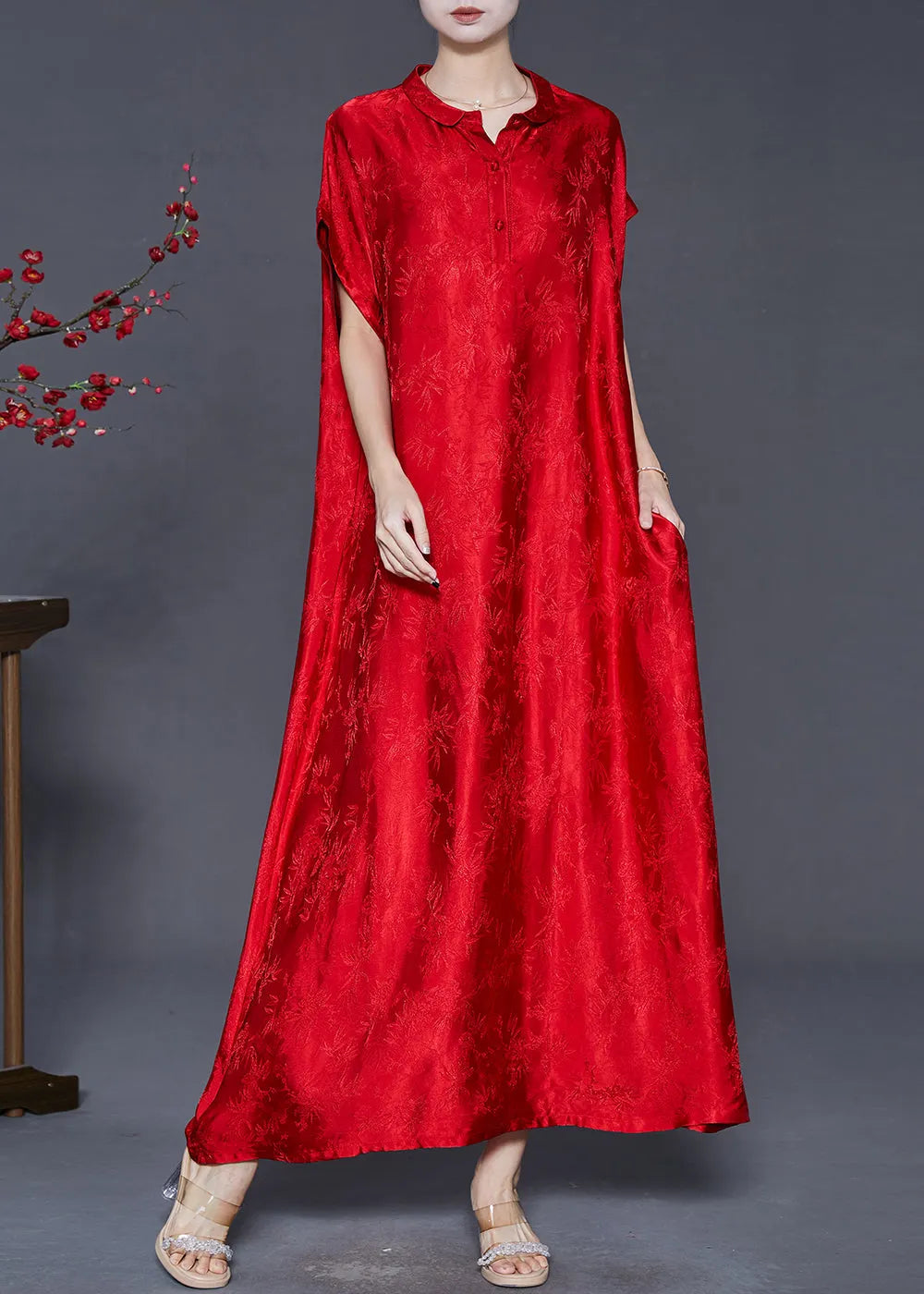 Red Jacquard Silk Robe Dresses Oversized Summer