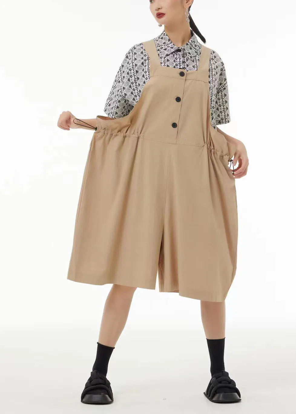 Black Oversized Drawstring Cotton Overalls Jumpsuit Jumpsuits Summer