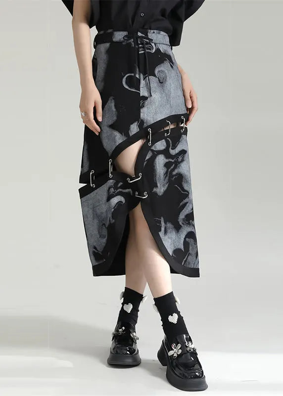 Grey Asymmetrical Print Pockets Patchwork Cotton Skirt Fall
