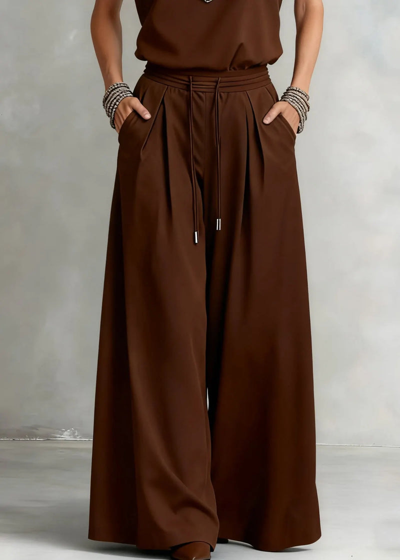 Loose Brown V Neck Elastic Waist Tops and Wide Leg Pants Cotton Two Piece Set Sleeveless