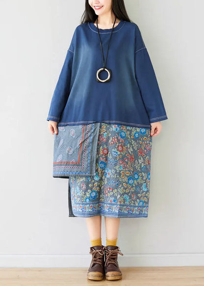 Blue Patchwork Print Sweatshirt Dresses Spring