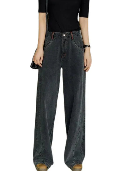 Black High Waist Zip Up Draping Pockets Cotton Denim Wide Leg Pants Summer