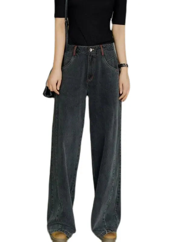 Black High Waist Zip Up Draping Pockets Cotton Denim Wide Leg Pants Summer