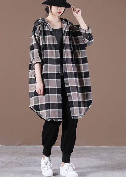 Handmade Khaki Plaid Hooded Drawstring Button Fall Shirt Top