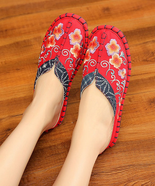 Red Slide Sandals Embroideried Cotton Fabric Splicing Slides