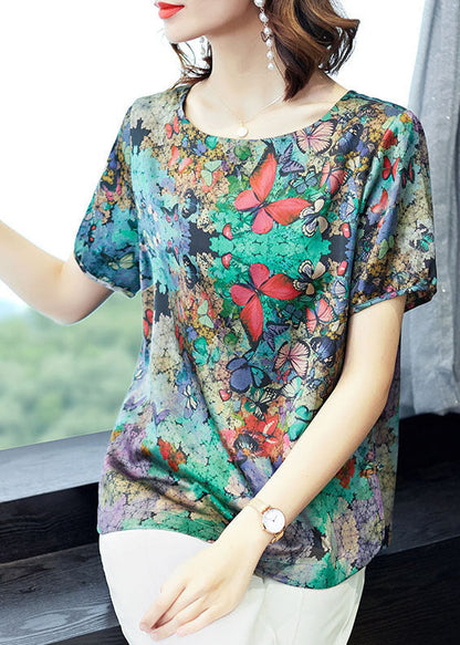 Green O-neck Butterfly Print Satin Top Short Sleeve
