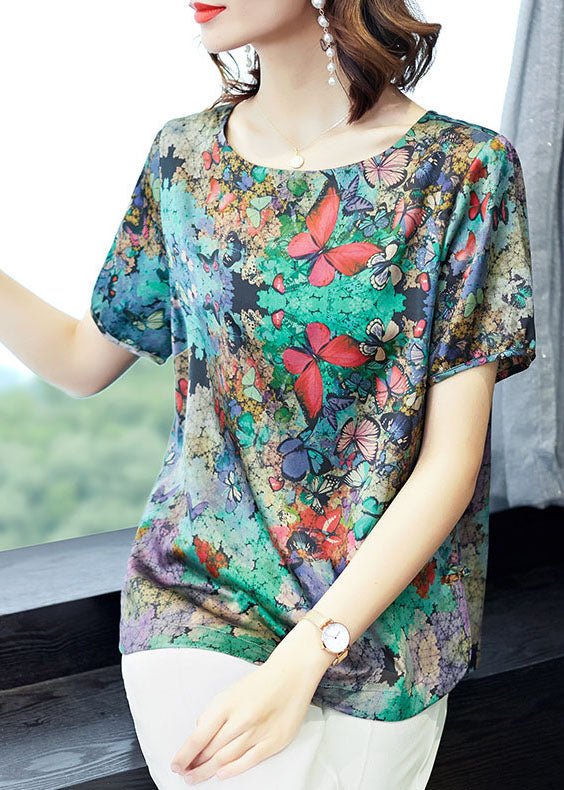 Green O-neck Butterfly Print Satin Top Short Sleeve