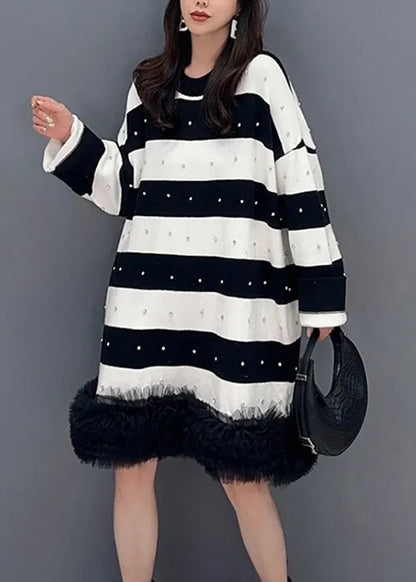Black Striped Nail Bead Tulle Patchwork Mid Dress Fall