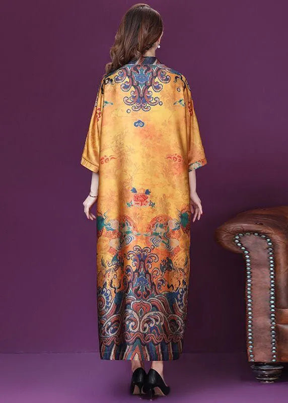Yellow Mandarin Collar Print Silk Dresses Batwing Sleeve