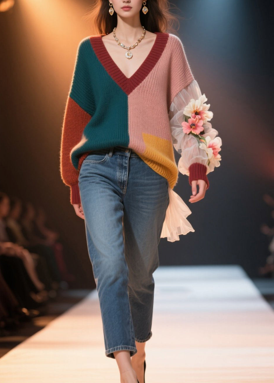 Colorblock V Neck Knit Short Sweater Fall