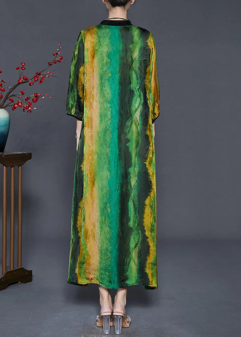 Green Mandarin Collar Tie Dye Silk Vacation Dresses Bracelet Sleeve