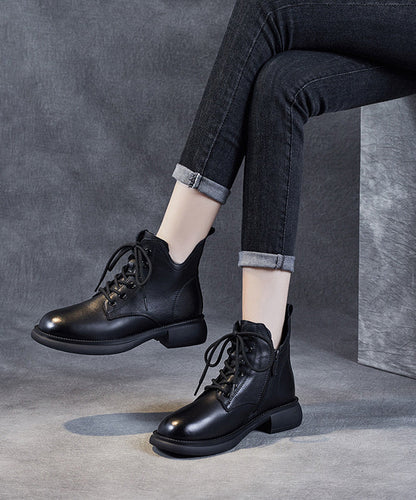 Brown Lace Up Chunky Boots Cowhide Leather Ankle Boots