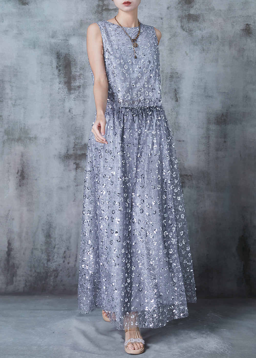 French Grey Sequins Back Lace Up Silk Two Pieces Set Summer