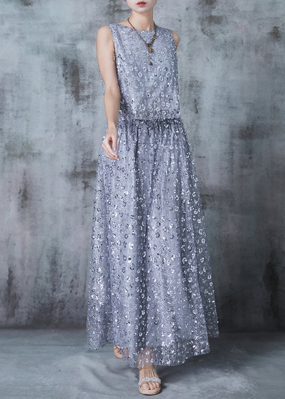 French Grey Sequins Back Lace Up Silk Two Pieces Set Summer