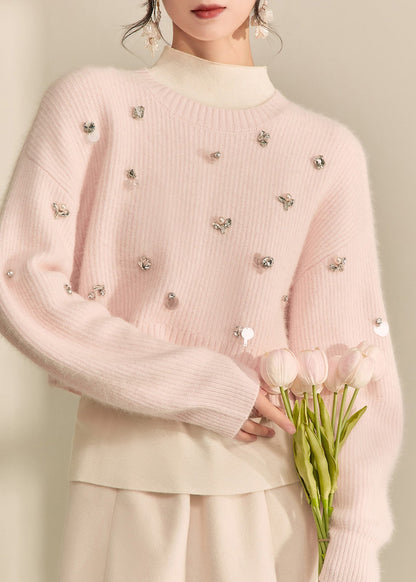 Pink O-neck Nail Bead Cotton Knit Short Sweater Spring
