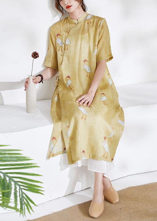 Yellow Side Open Print Summer Ramie Long Shirts