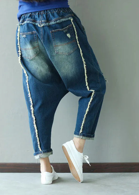Boutique Dark Blue Embroideried Pockets Elastic Waist Ripped Jeans Spring