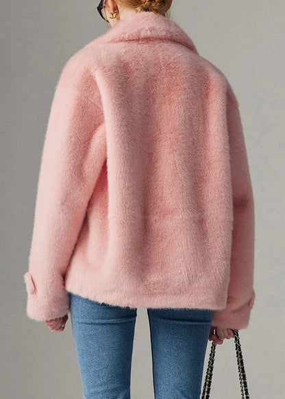 Loose Pink Notched Double Breast Mink Hair Coats Winter