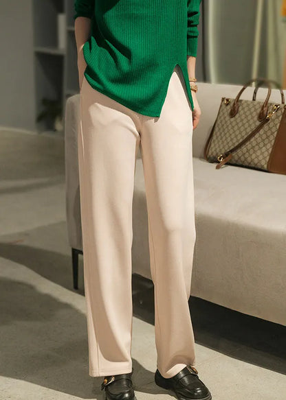 Beige Fine Cotton Wide Leg Pants Elastic Waist Fall