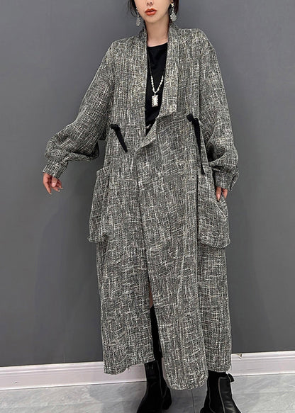 Grey Notched Plaid Button Trench Coats Fall