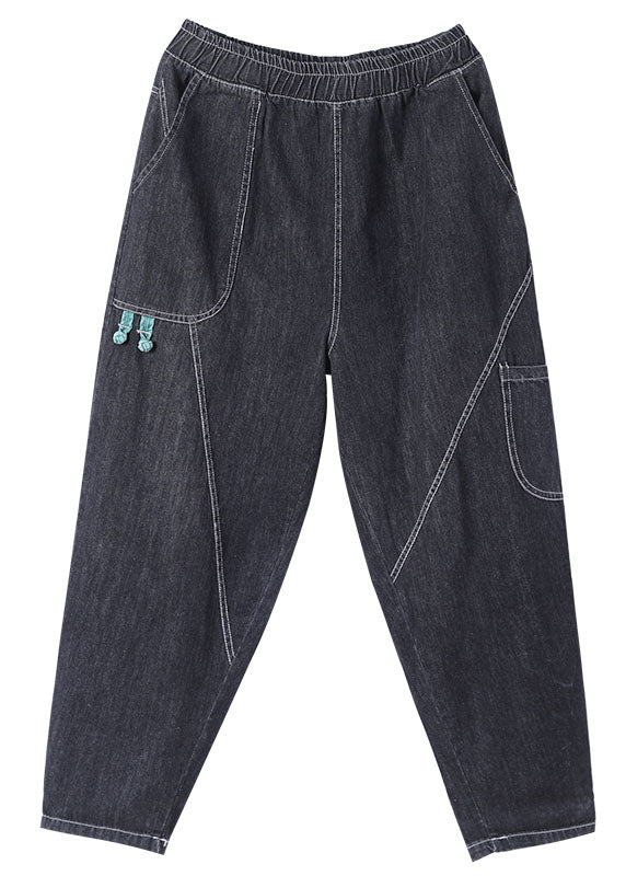 Classy Black Elastic Waist Pockets Harem Fall Patchwork Pants