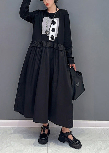 Diy Black Oversized Patchwork Ruffled Cotton Dress Spring