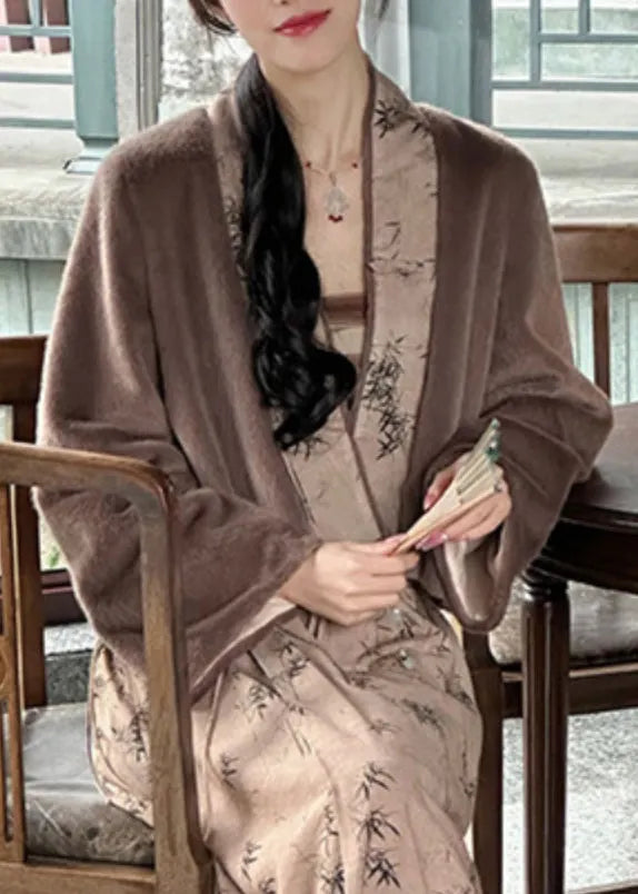Coffee V Neck Print Patchwork Leather and Fur Coat Winter