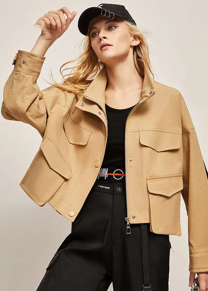 Boutique Khaki Stand Collar Oversized Patchwork Cotton Jacket Spring