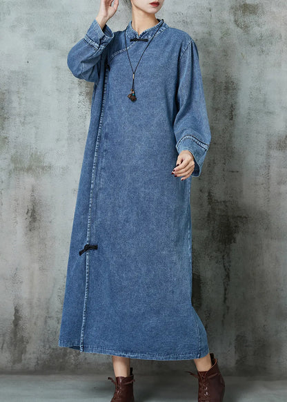 Blue Mandarin Collar Chinese Button Denim Dresses Spring