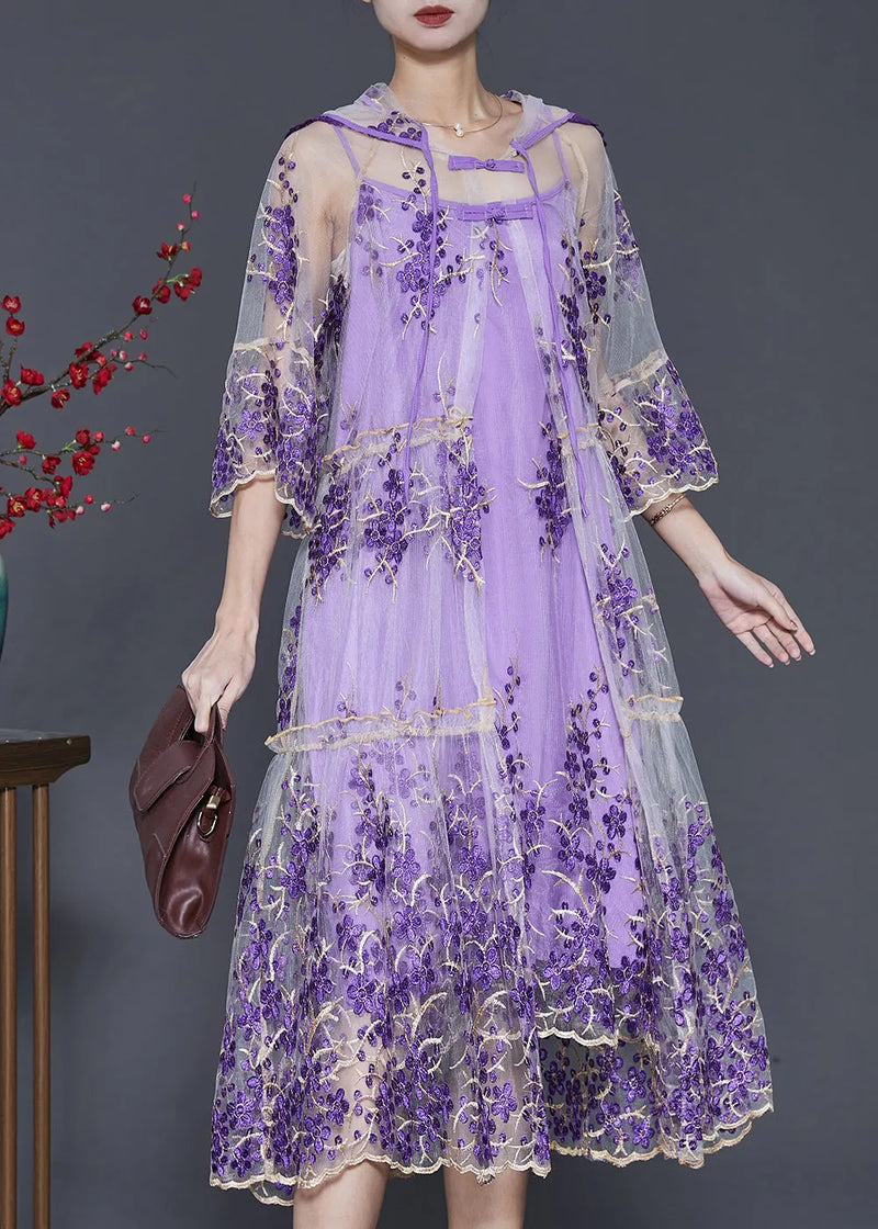 Purple Embroidered Tulle Dress Two Pieces Set Summer