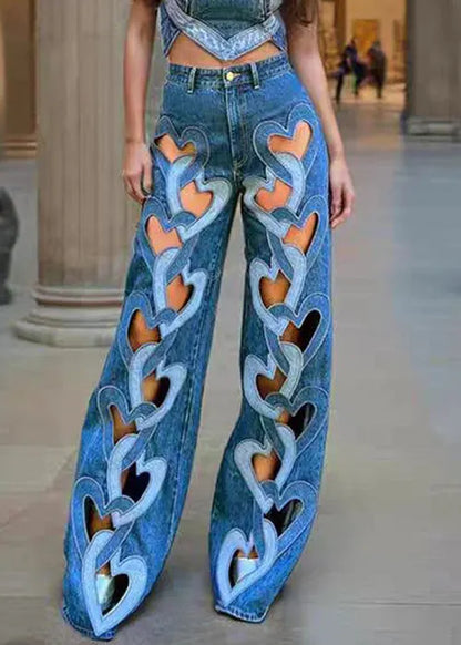 Blue Hollow Out High Waist Denim Pants Spring