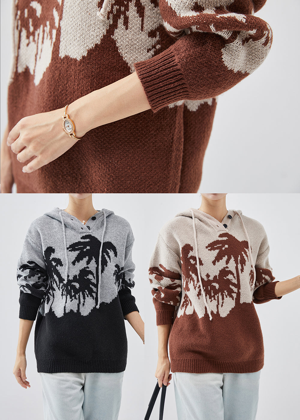 Khaki Hooded Jacquard Knit Sweatshirt Spring