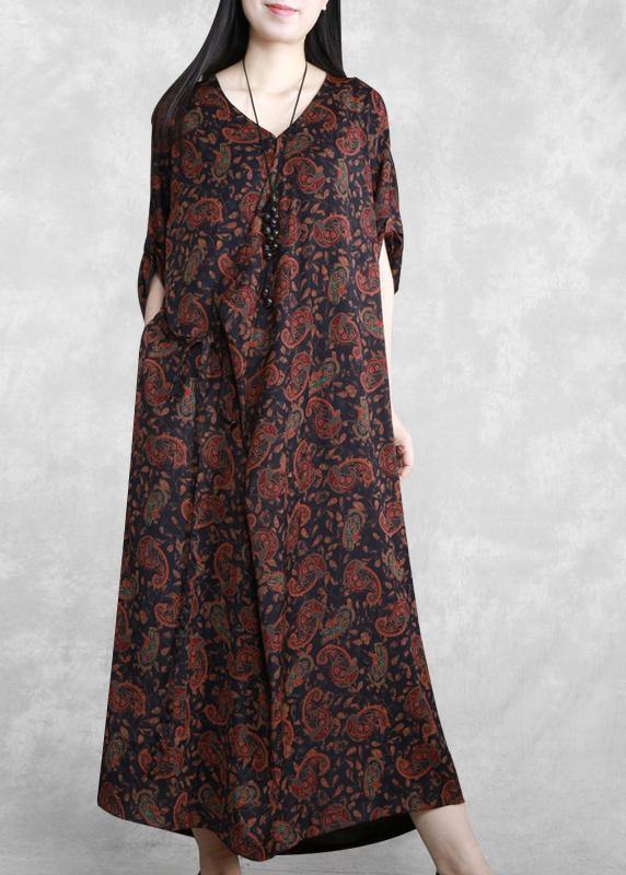 Italian Black Print Dresses V Neck Asymmetric Maxi Spring Dress