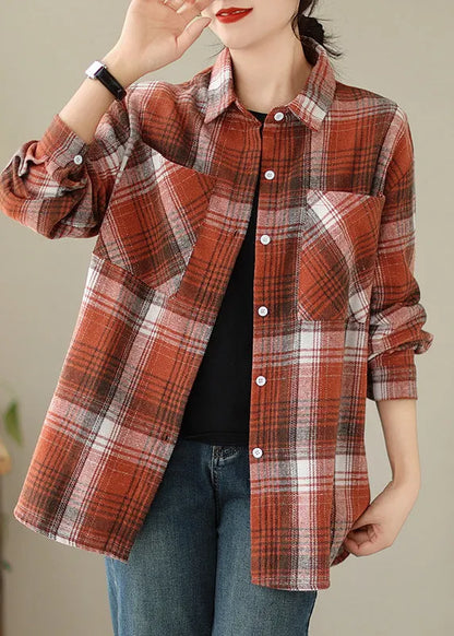 Orange Peter Pan Collar Pockets Plaid Cotton Coat Fall