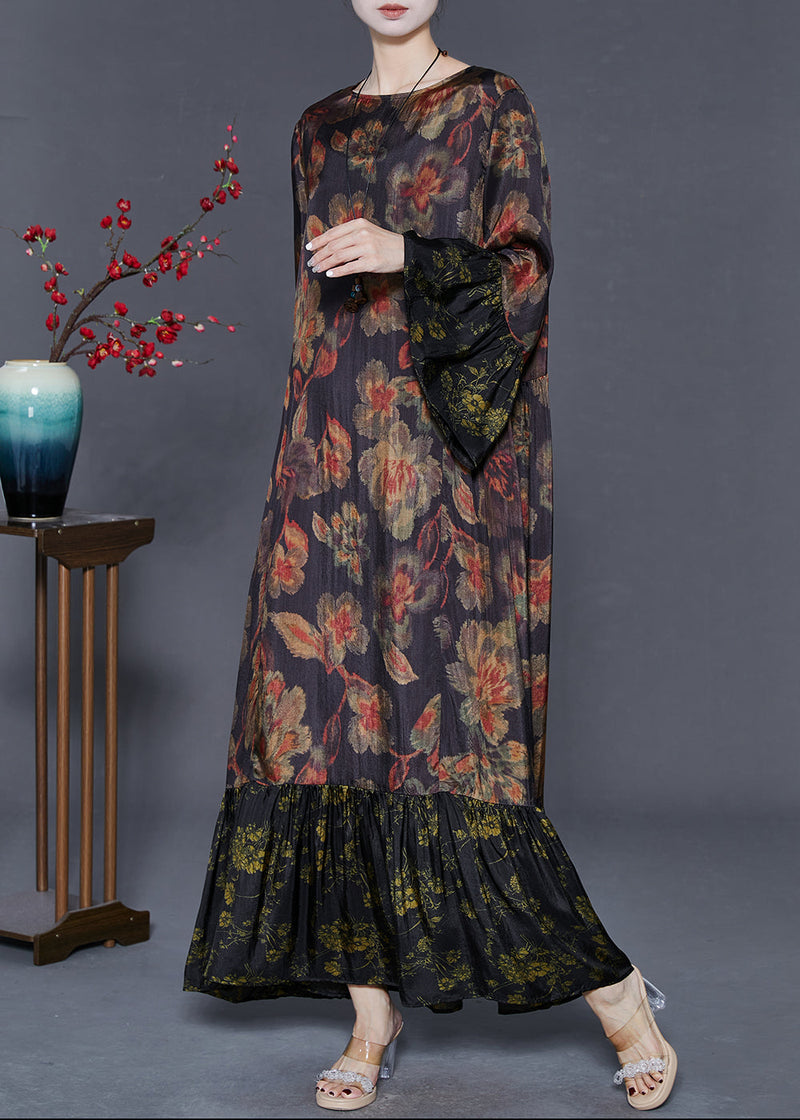 Black Oversized Patchwork Print Silk Maxi Dresses Flare Sleeve