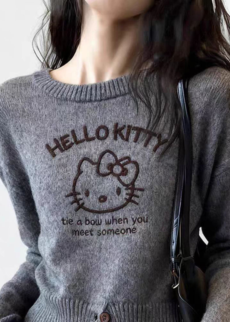 Grey Cartoon Print Cotton Knit Sweater Spring